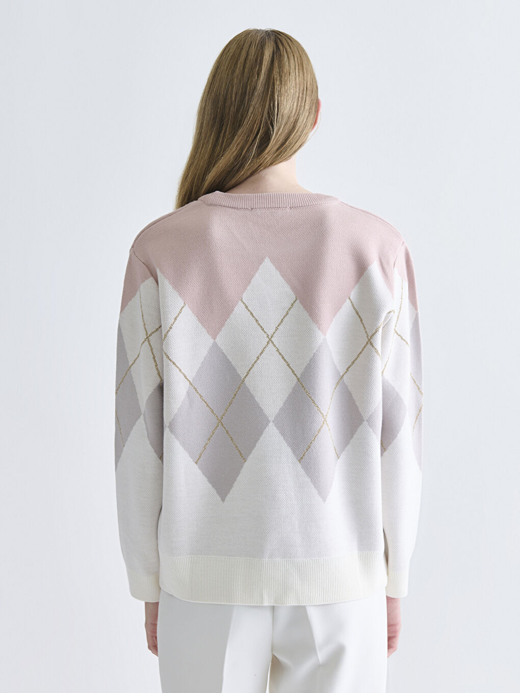 Crew Neck Argyle Pattern Women's Knitwear Sweater-3