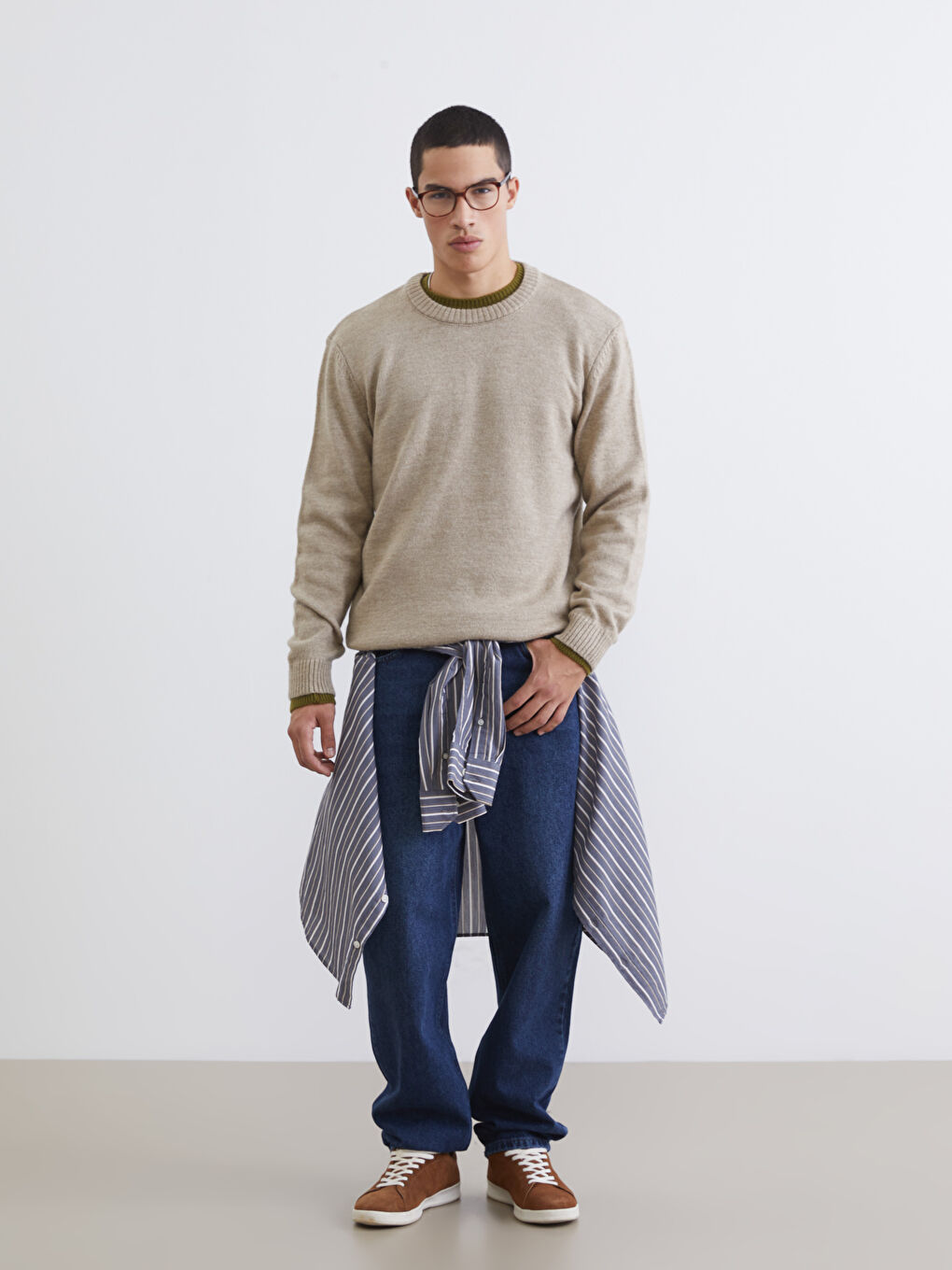 Bej Bisiklet Yaka Erkek Triko Kazak-1