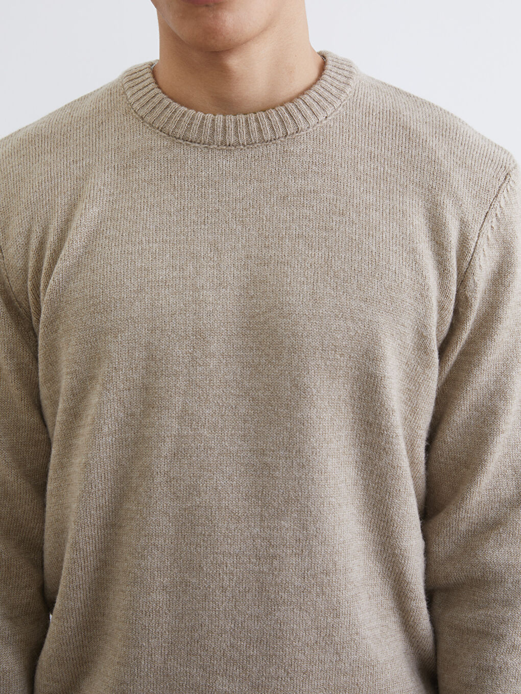 Bej Bisiklet Yaka Erkek Triko Kazak-2