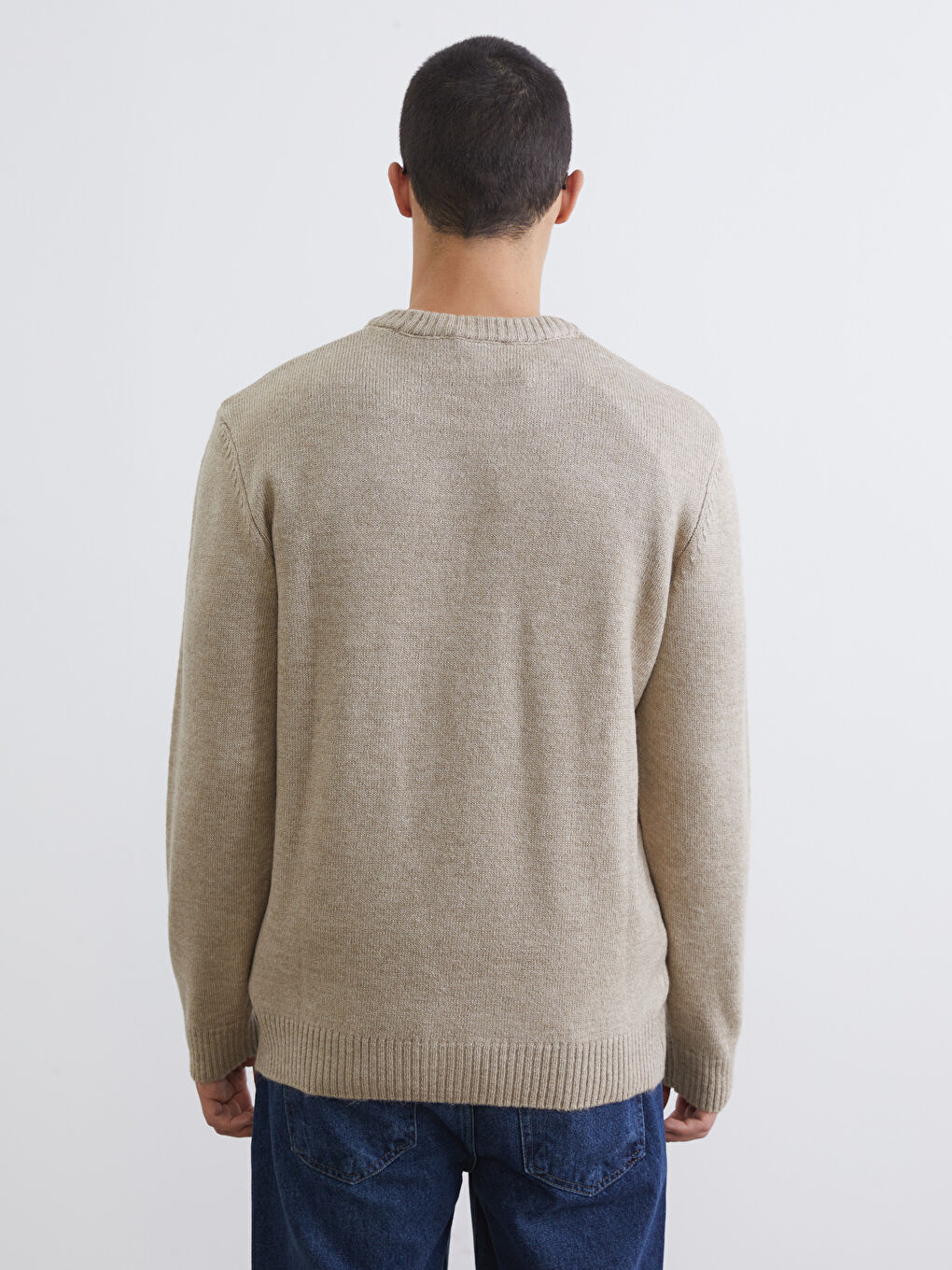 Bej Bisiklet Yaka Erkek Triko Kazak-3