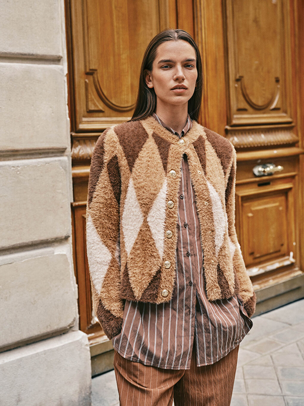 Crew Neck Argyle Pattern Women's Knitwear Cardigan