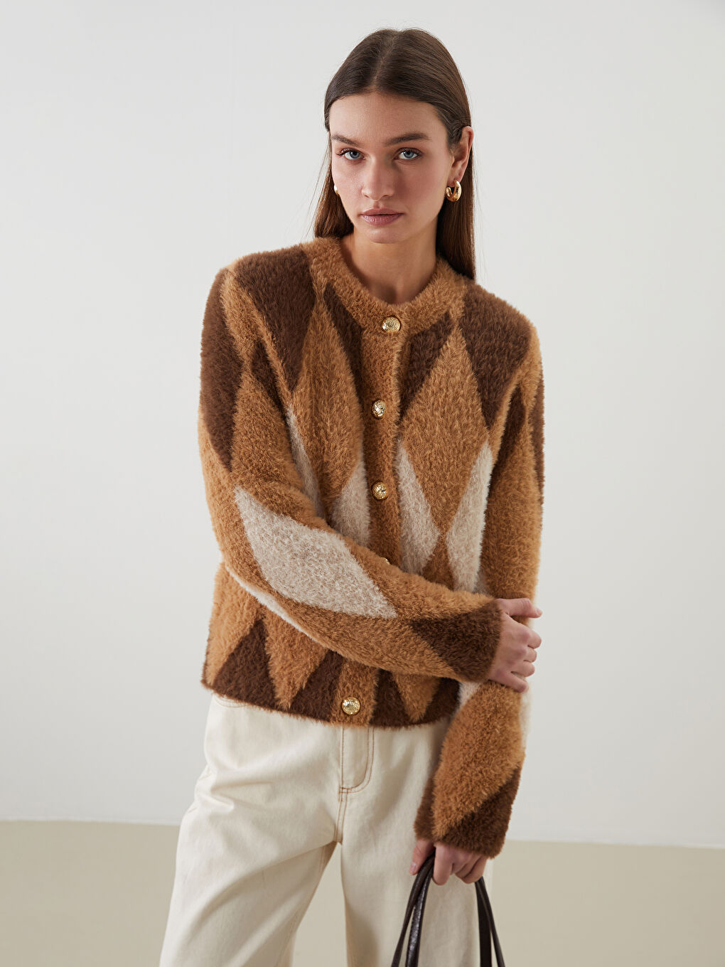 Crew Neck Argyle Pattern Women's Knitwear Cardigan-1