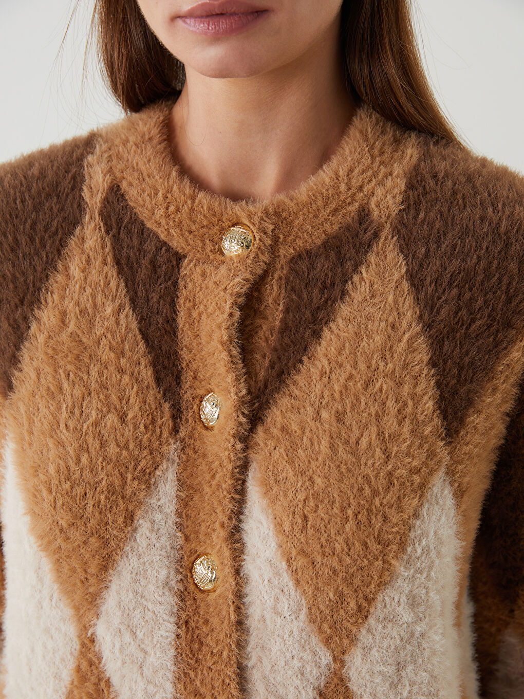 Crew Neck Argyle Pattern Women's Knitwear Cardigan-3