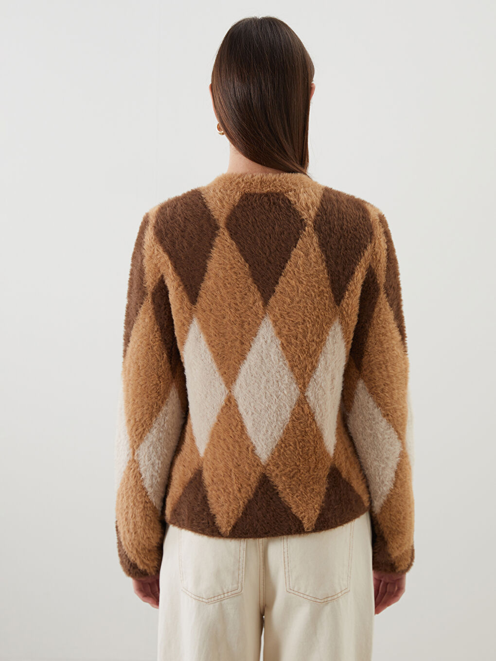 Crew Neck Argyle Pattern Women's Knitwear Cardigan-4