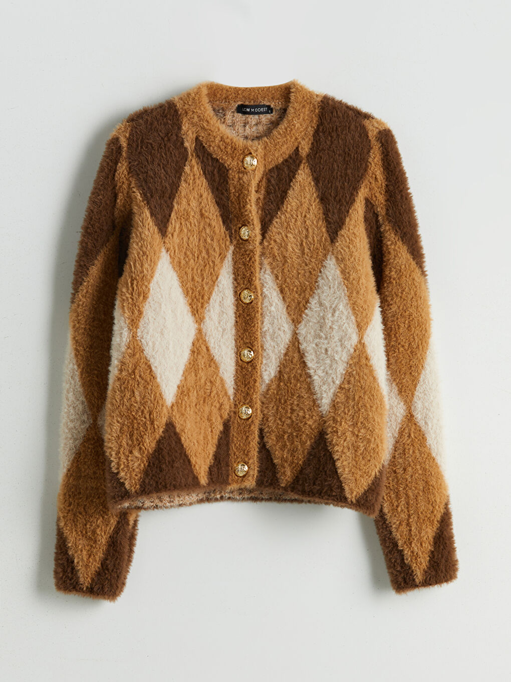 Crew Neck Argyle Pattern Women's Knitwear Cardigan-5