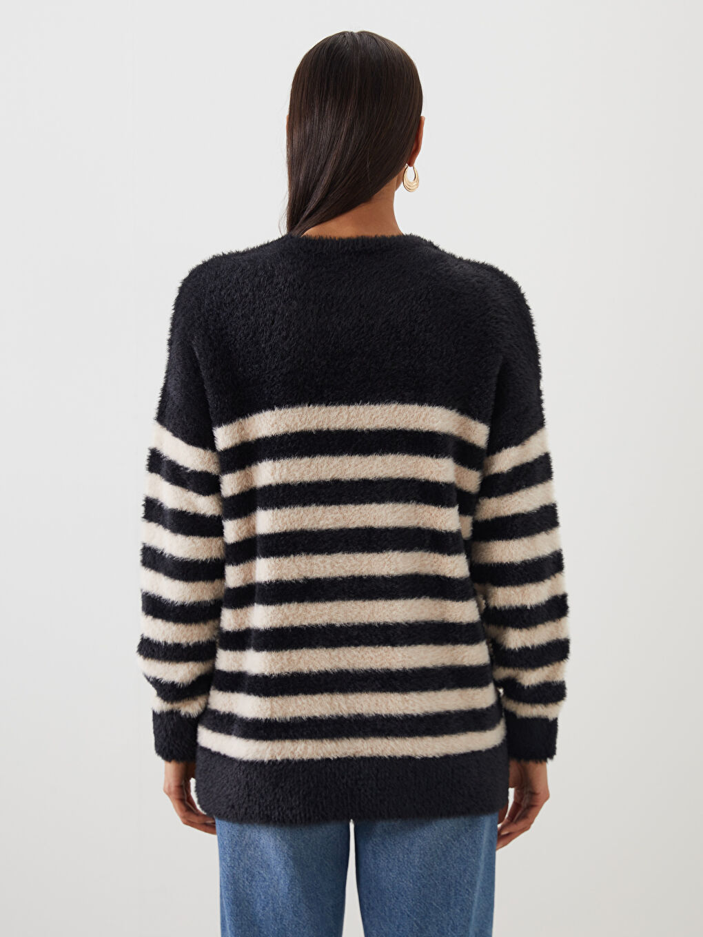 Ekru Bisiklet Yaka Çizgili Kadın Triko Tunik-3