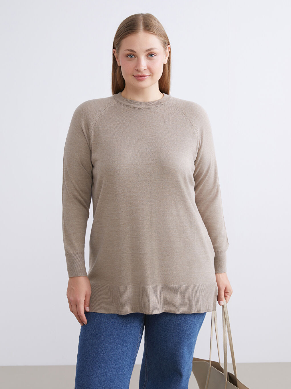 Bej Bisiklet Yaka Kadın Triko Kazak-1