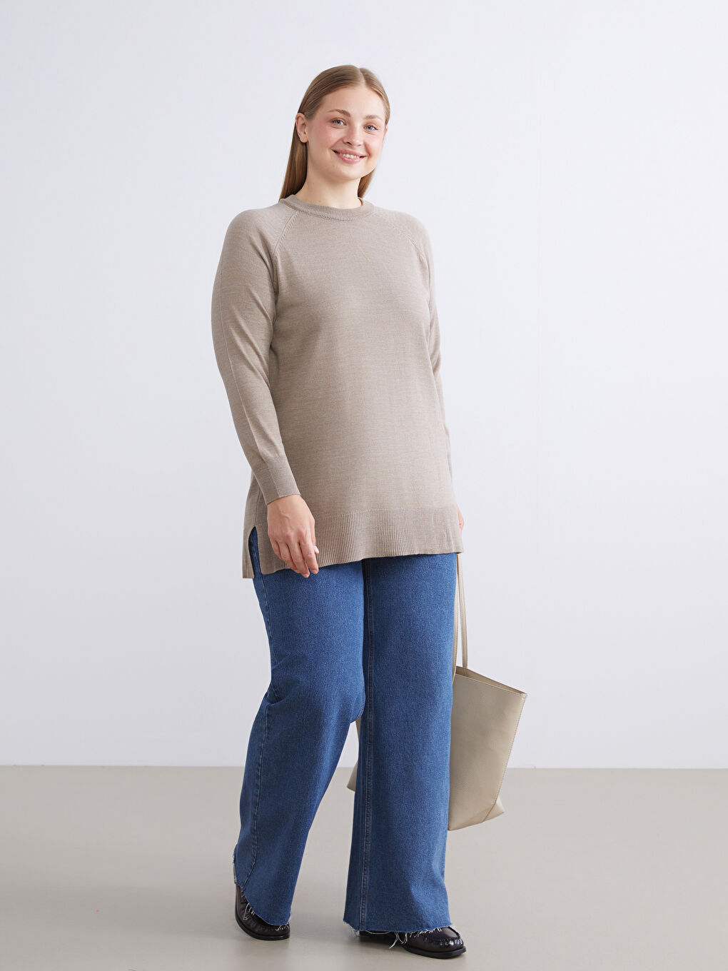 Bej Bisiklet Yaka Kadın Triko Kazak-6