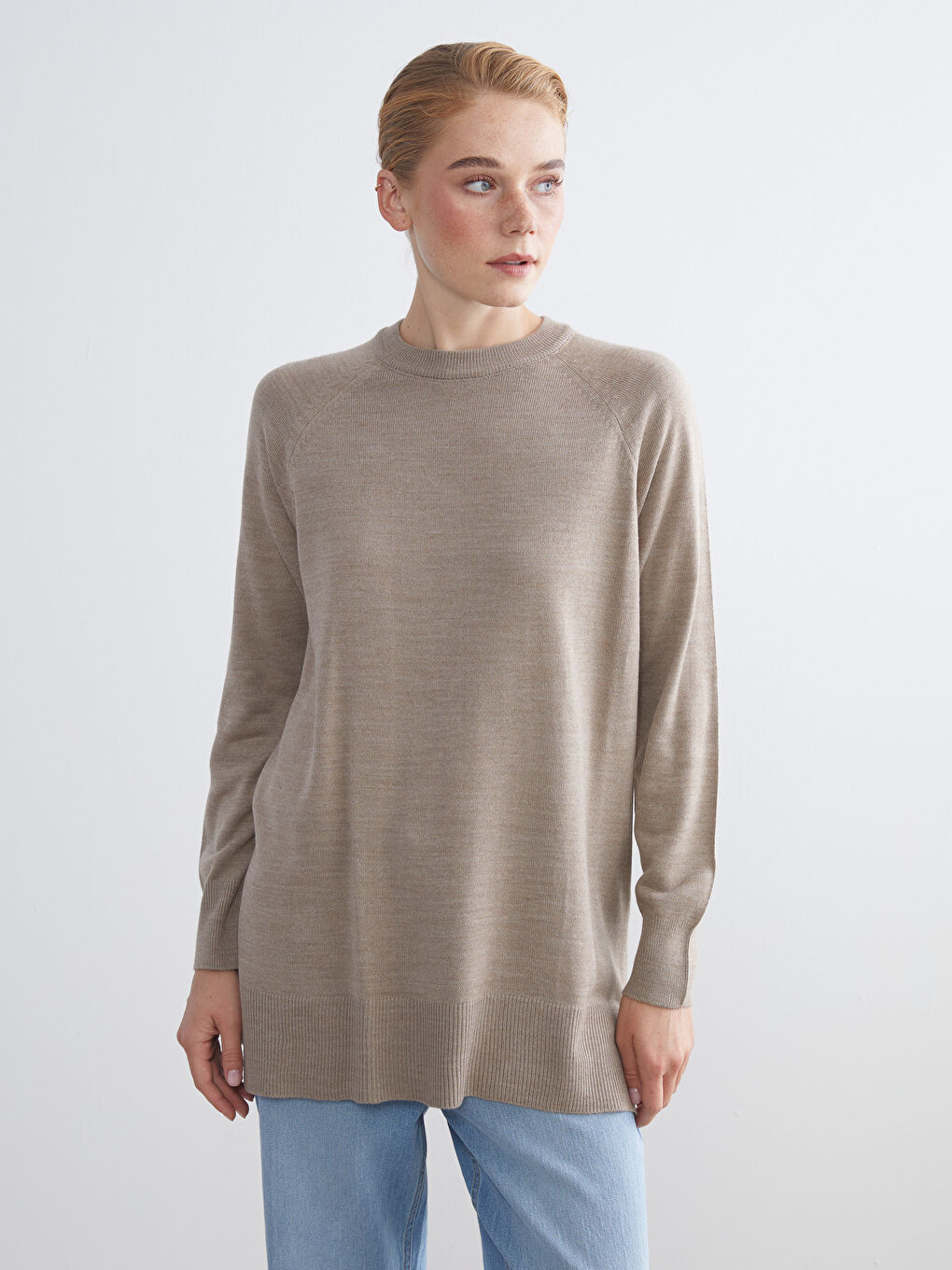 Bej Bisiklet Yaka Kadın Triko Kazak