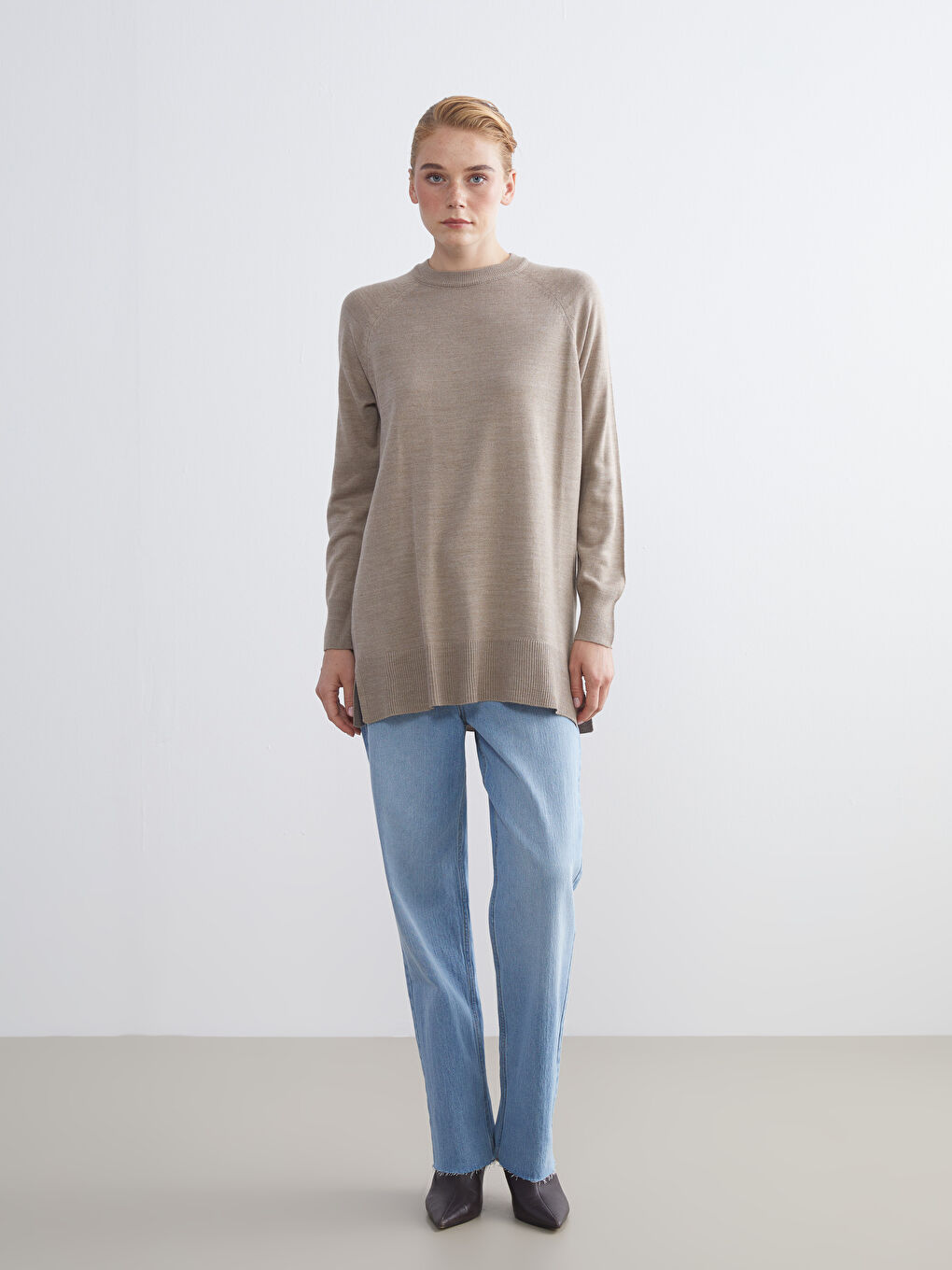 Bej Bisiklet Yaka Kadın Triko Kazak-3