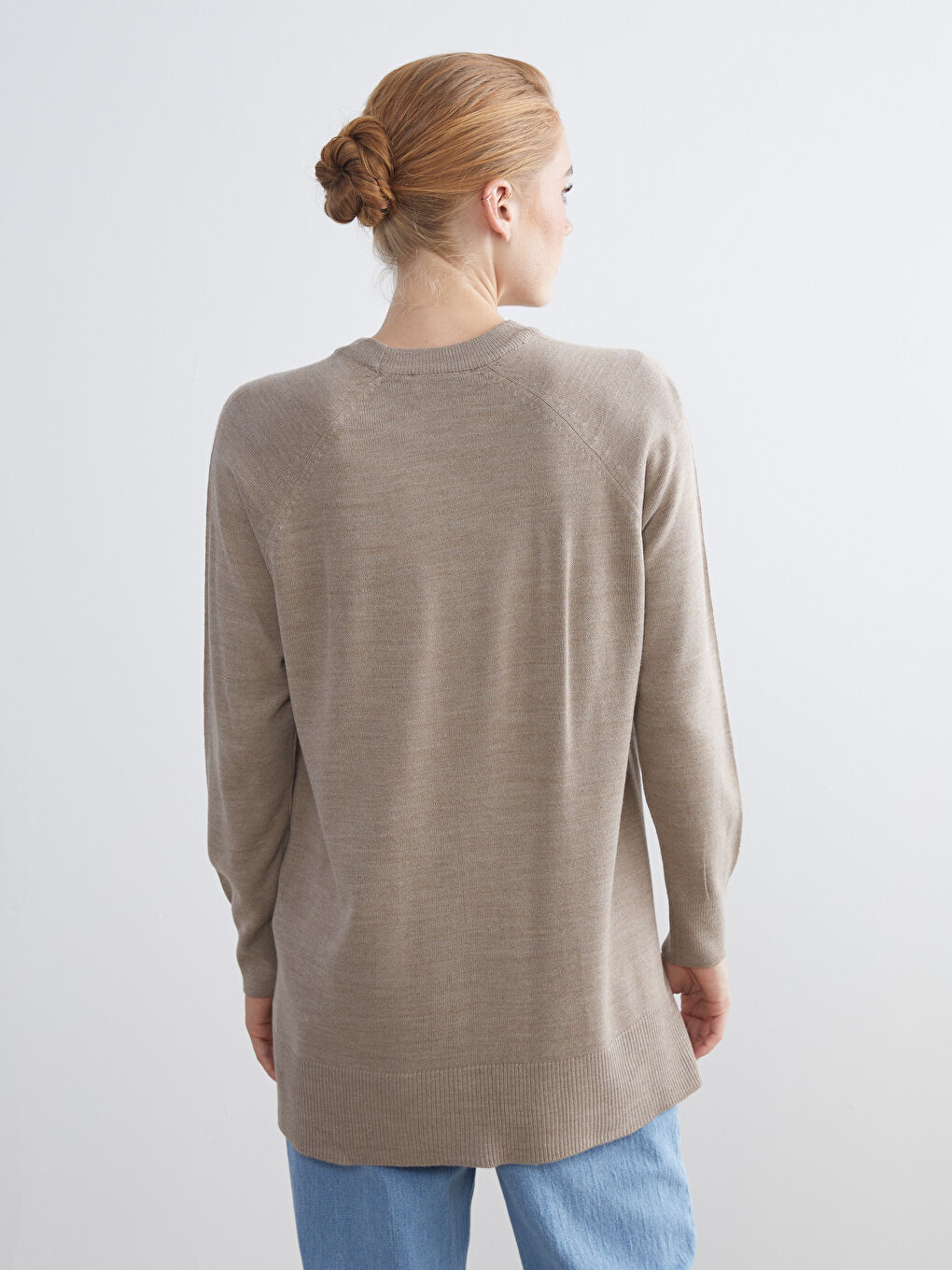 Bej Bisiklet Yaka Kadın Triko Kazak-5