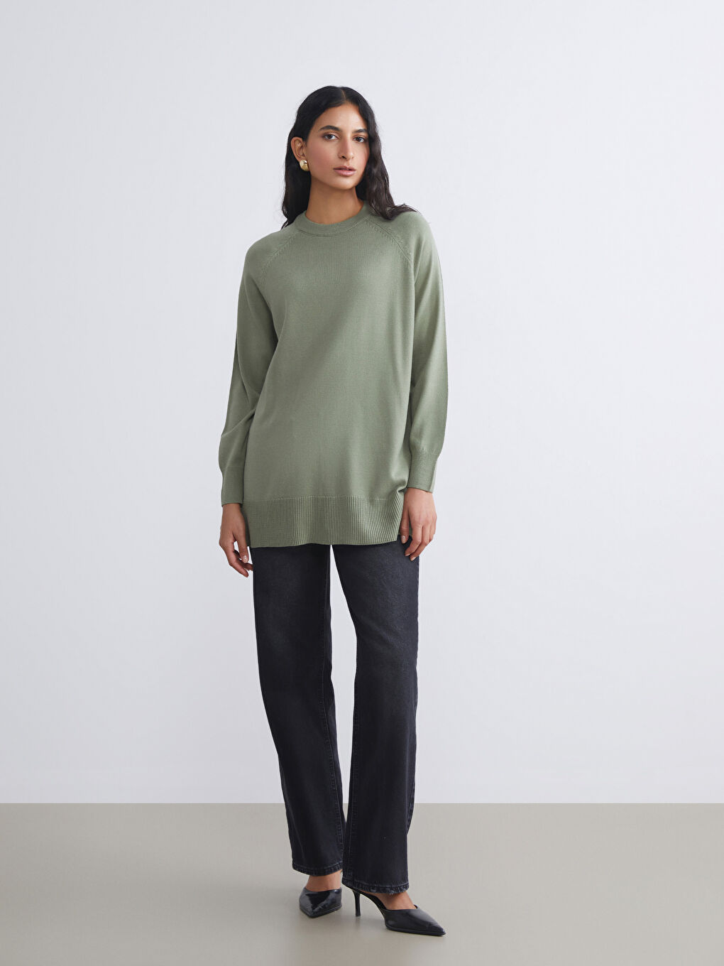 Yeşil Bisiklet Yaka Kadın Triko Kazak-3