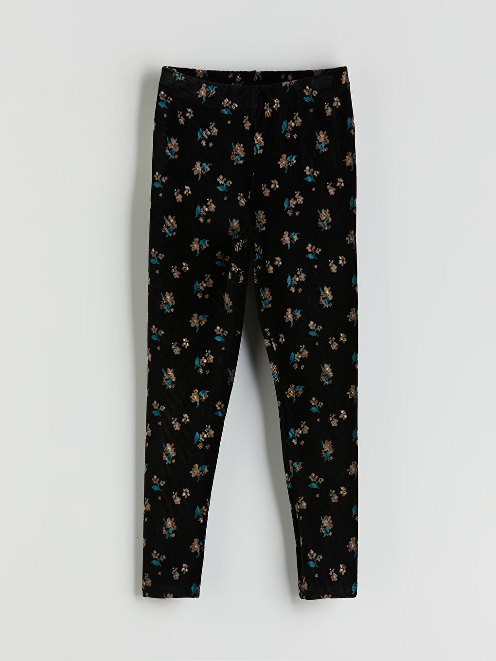 Siyah Beli Lastikli Çiçekli Kız Çocuk Kadife Tayt