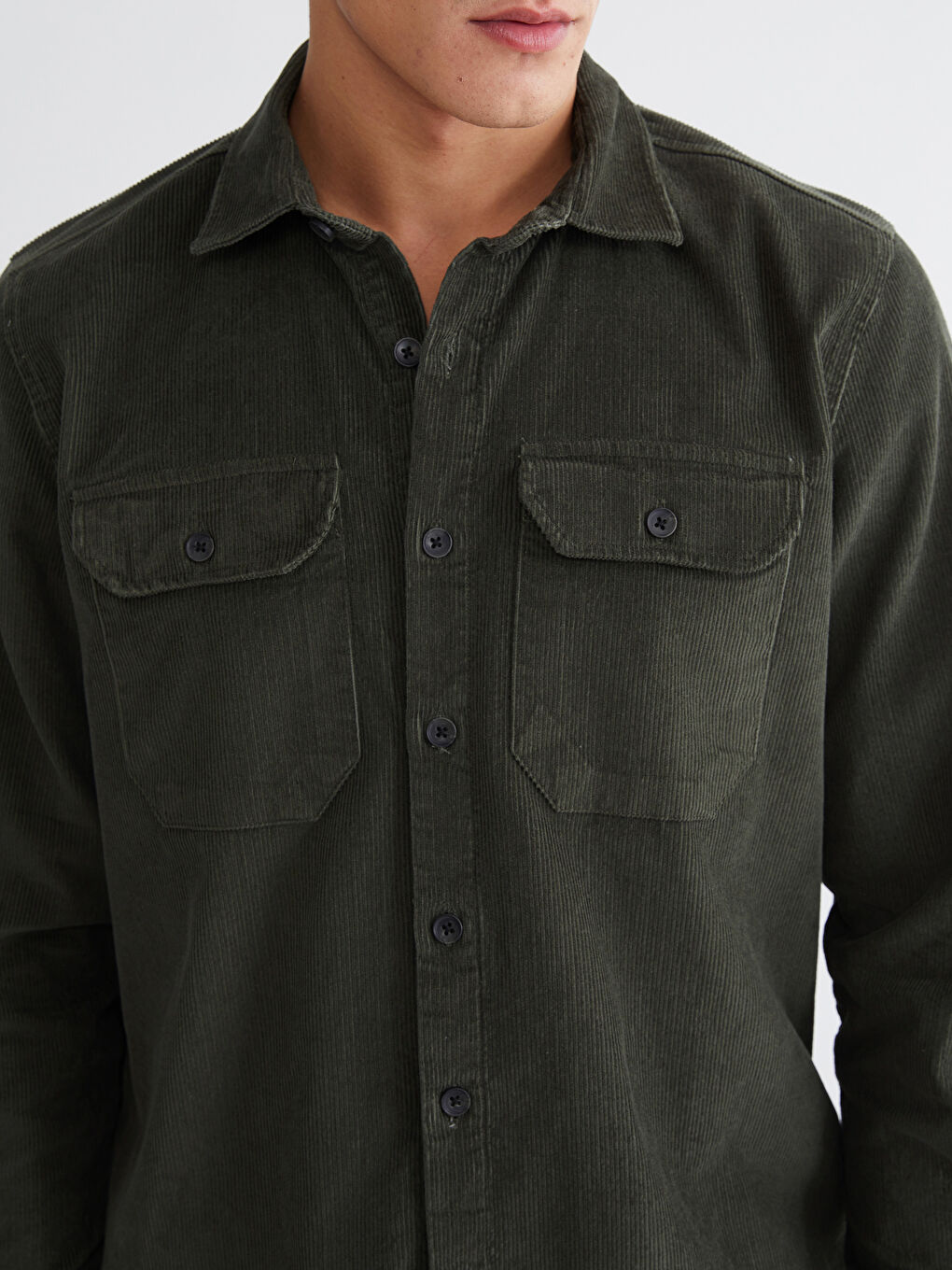 Haki Rahat Kalıp Kadife Erkek Gömlek-2