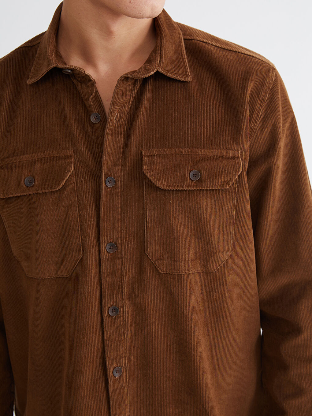 Kahverengi Rahat Kalıp Kadife Erkek Gömlek-2