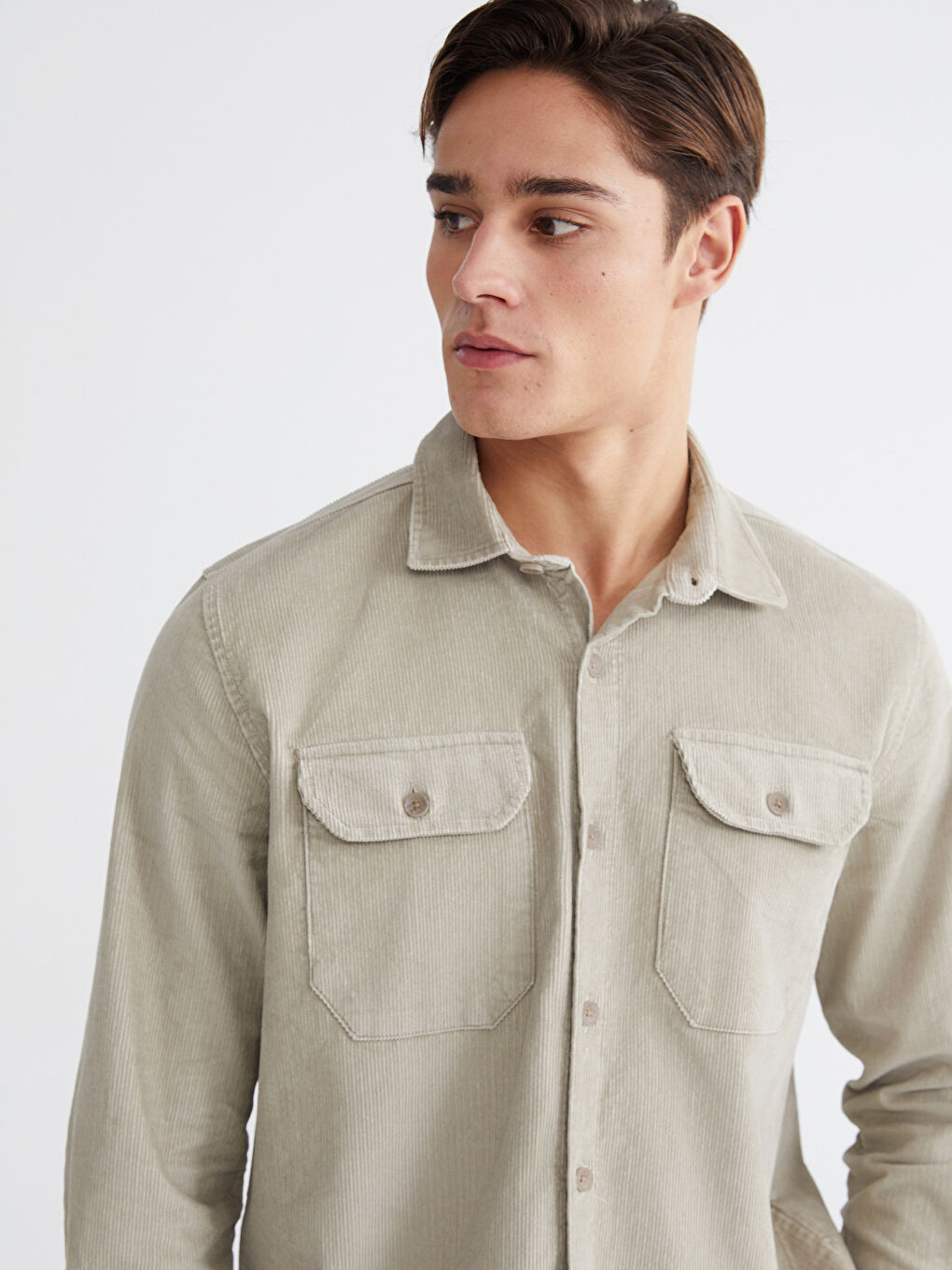 Bej Rahat Kalıp Kadife Erkek Gömlek