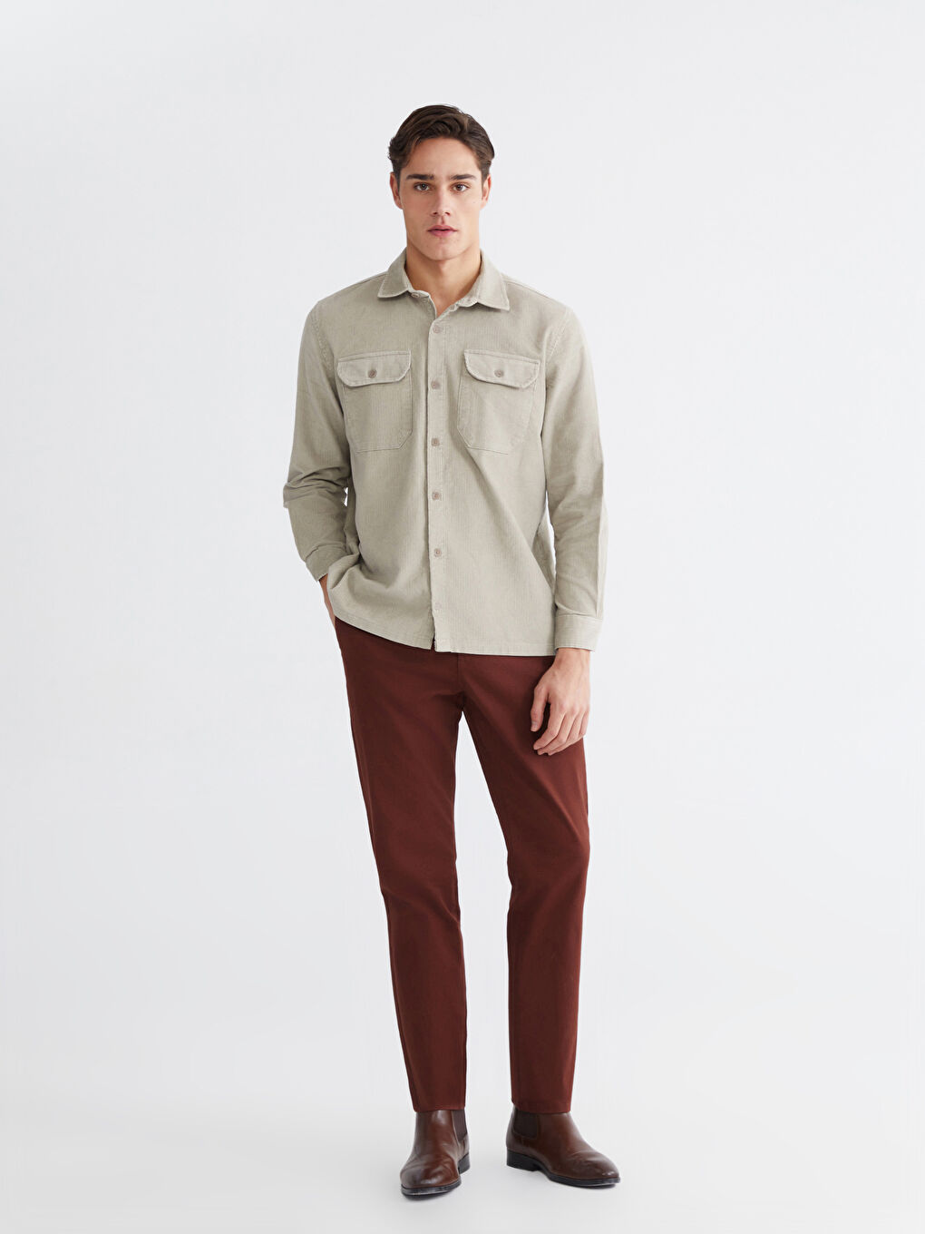 Bej Rahat Kalıp Kadife Erkek Gömlek-1