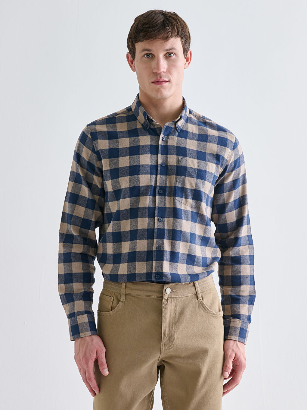 Regular Fit Long Sleeve Plaid Gabardine Men's Shirt