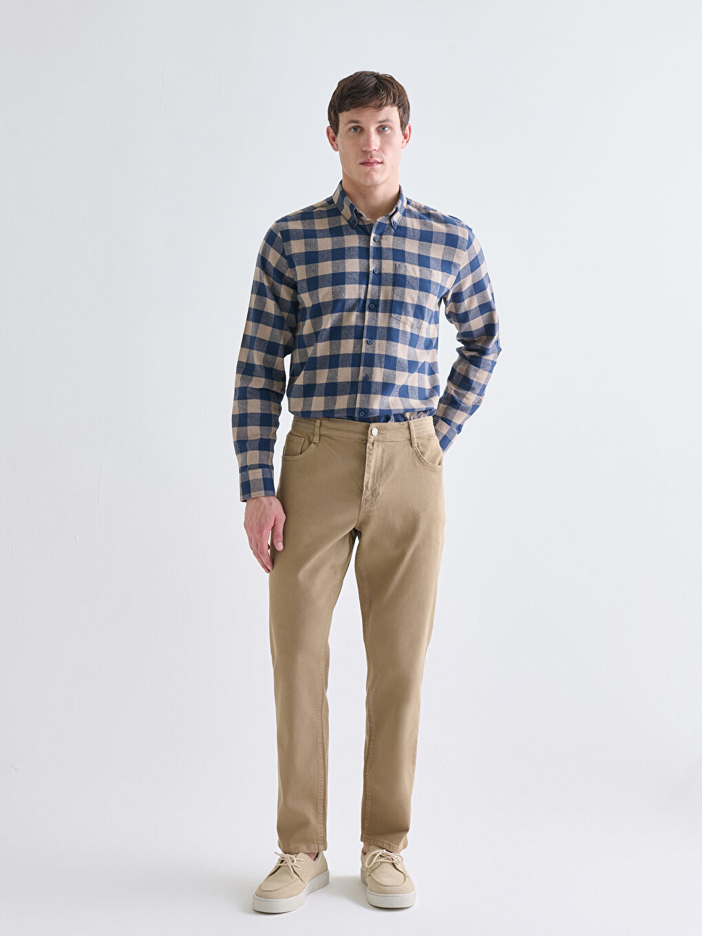 Regular Fit Long Sleeve Plaid Gabardine Men's Shirt-1