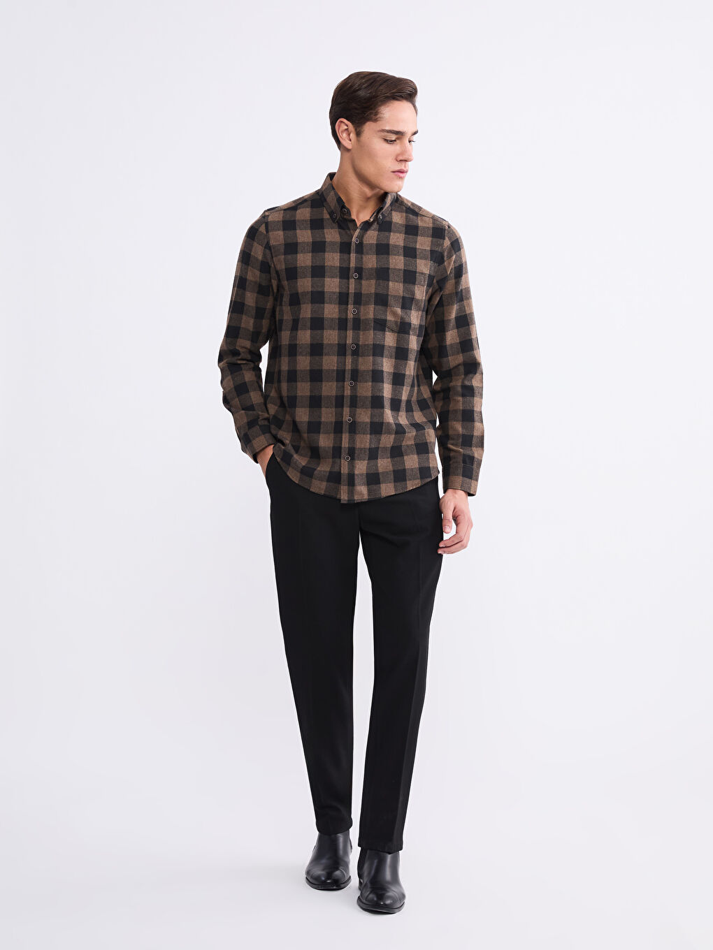 Kahverengi Regular Fit Ekose Gabardin Erkek Gömlek-1