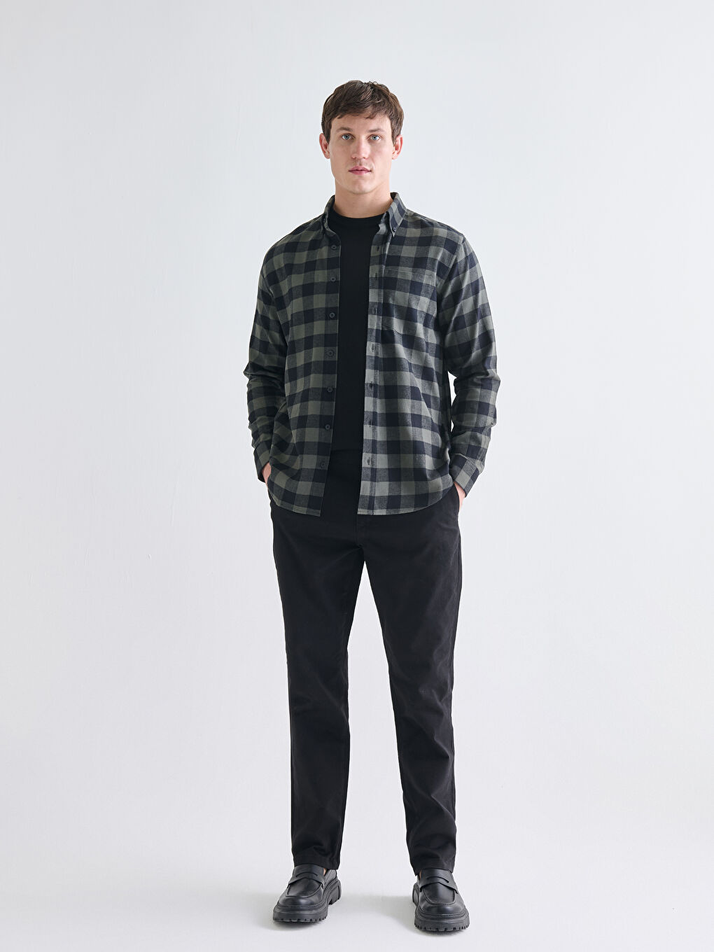 Regular Fit Long Sleeve Plaid Gabardine Men's Shirt-1