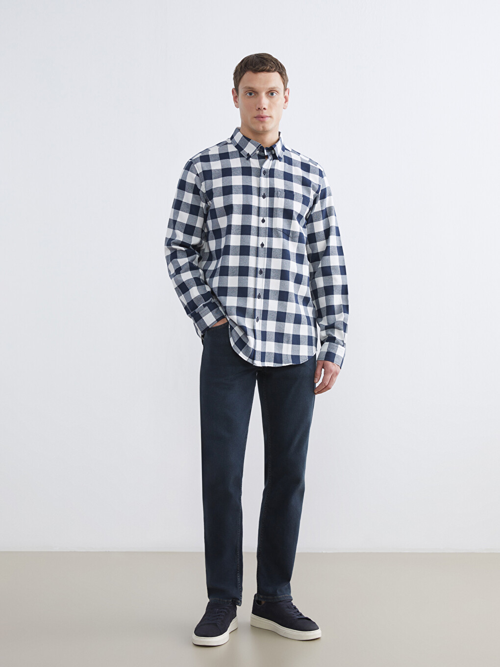Ekru Regular Fit Ekose Gabardin Erkek Gömlek-1