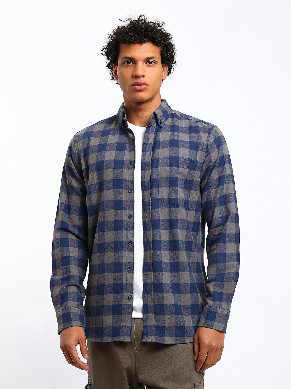 Lacivert Regular Fit Ekose Gabardin Erkek Gömlek