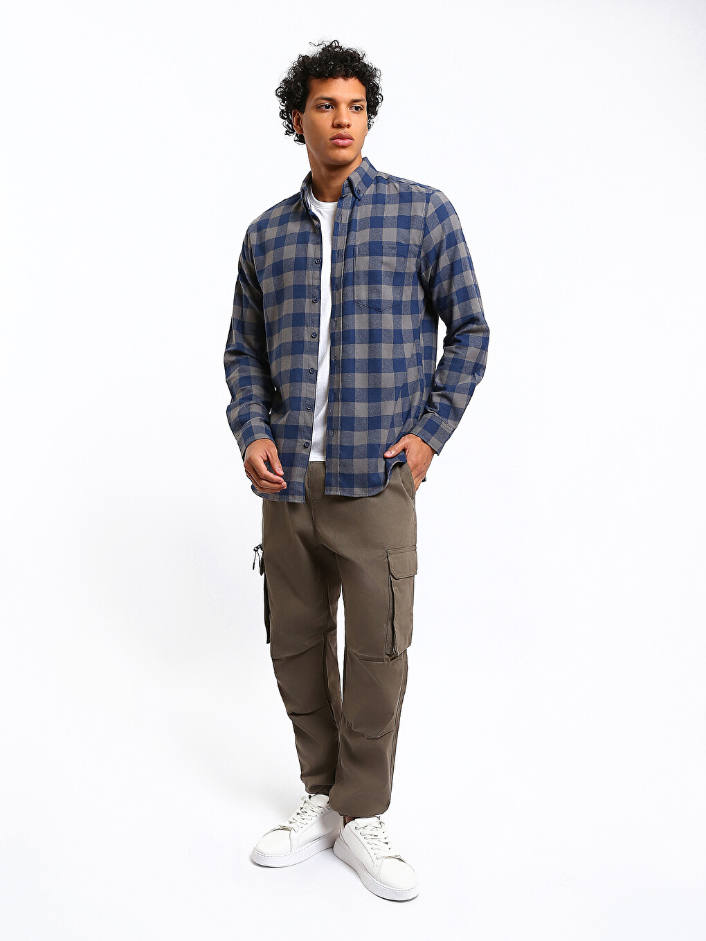Lacivert Regular Fit Ekose Gabardin Erkek Gömlek-1