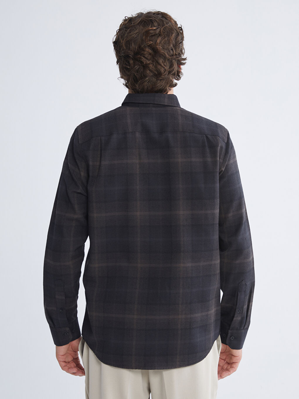 Bej Regular Fit Uzun Kollu Ekose Gabardin Erkek Gömlek-3