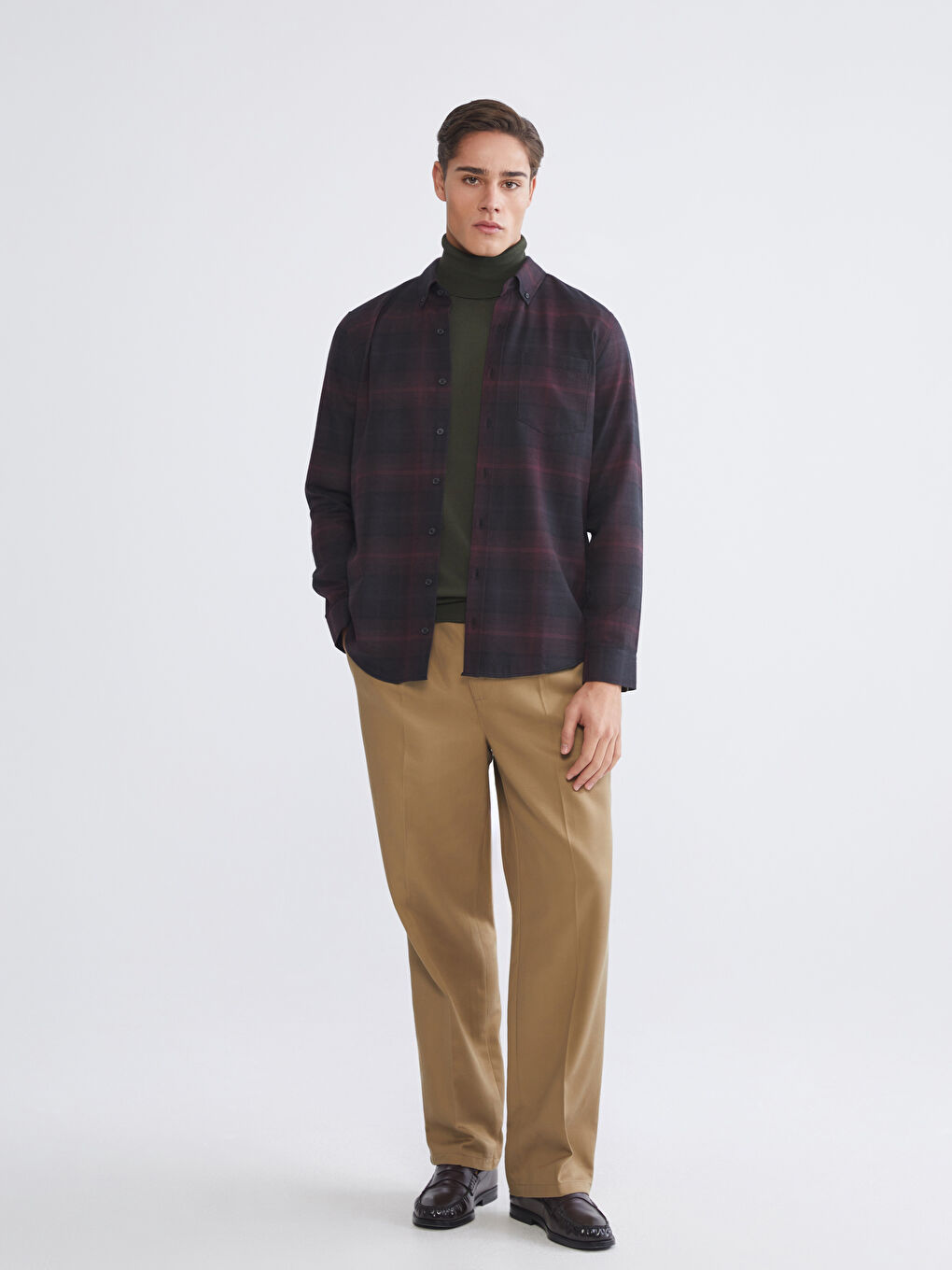 Bordo Regular Fit Uzun Kollu Ekose Gabardin Erkek Gömlek-1