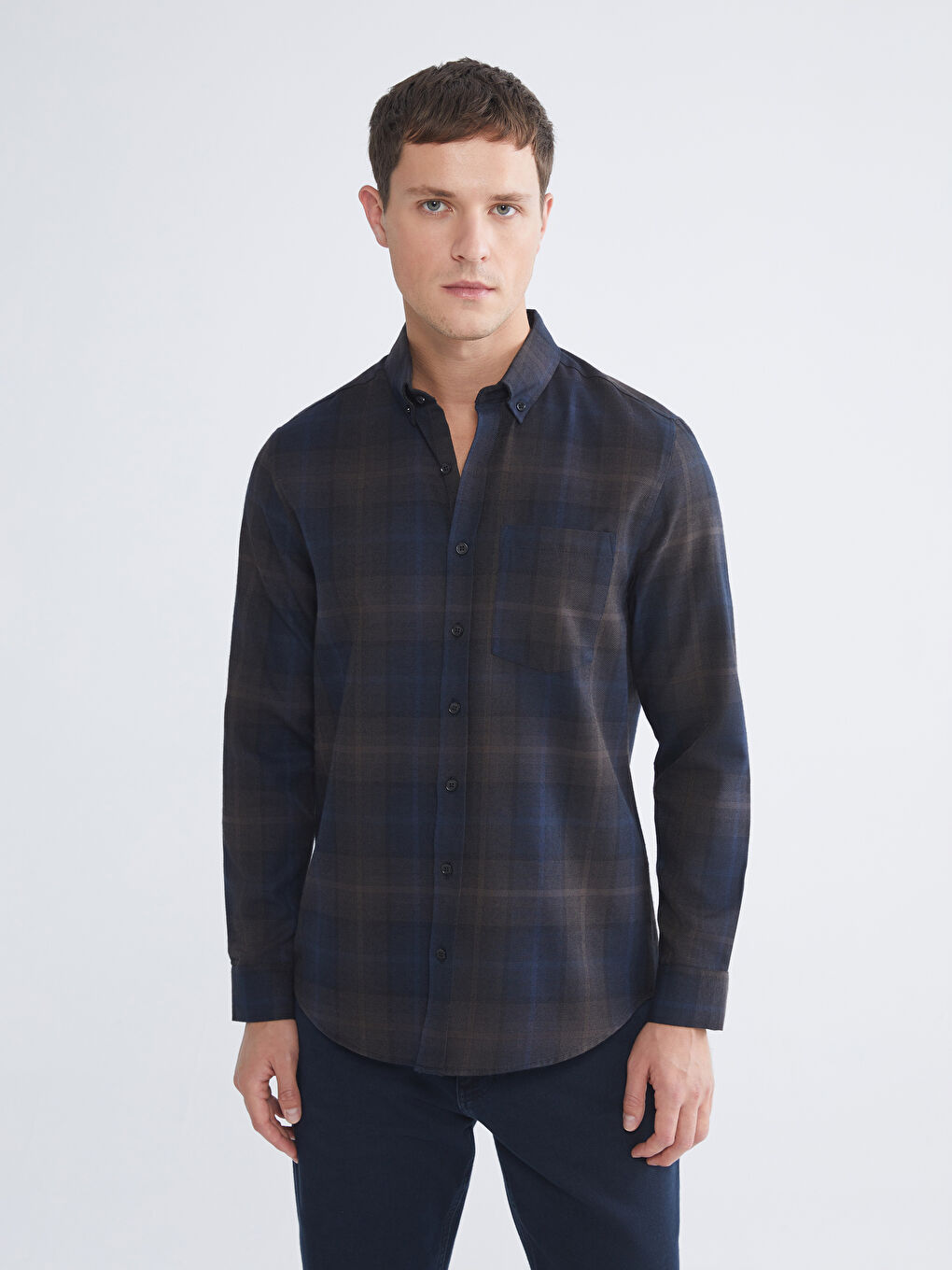 Lacivert Regular Fit Uzun Kollu Ekose Gabardin Erkek Gömlek