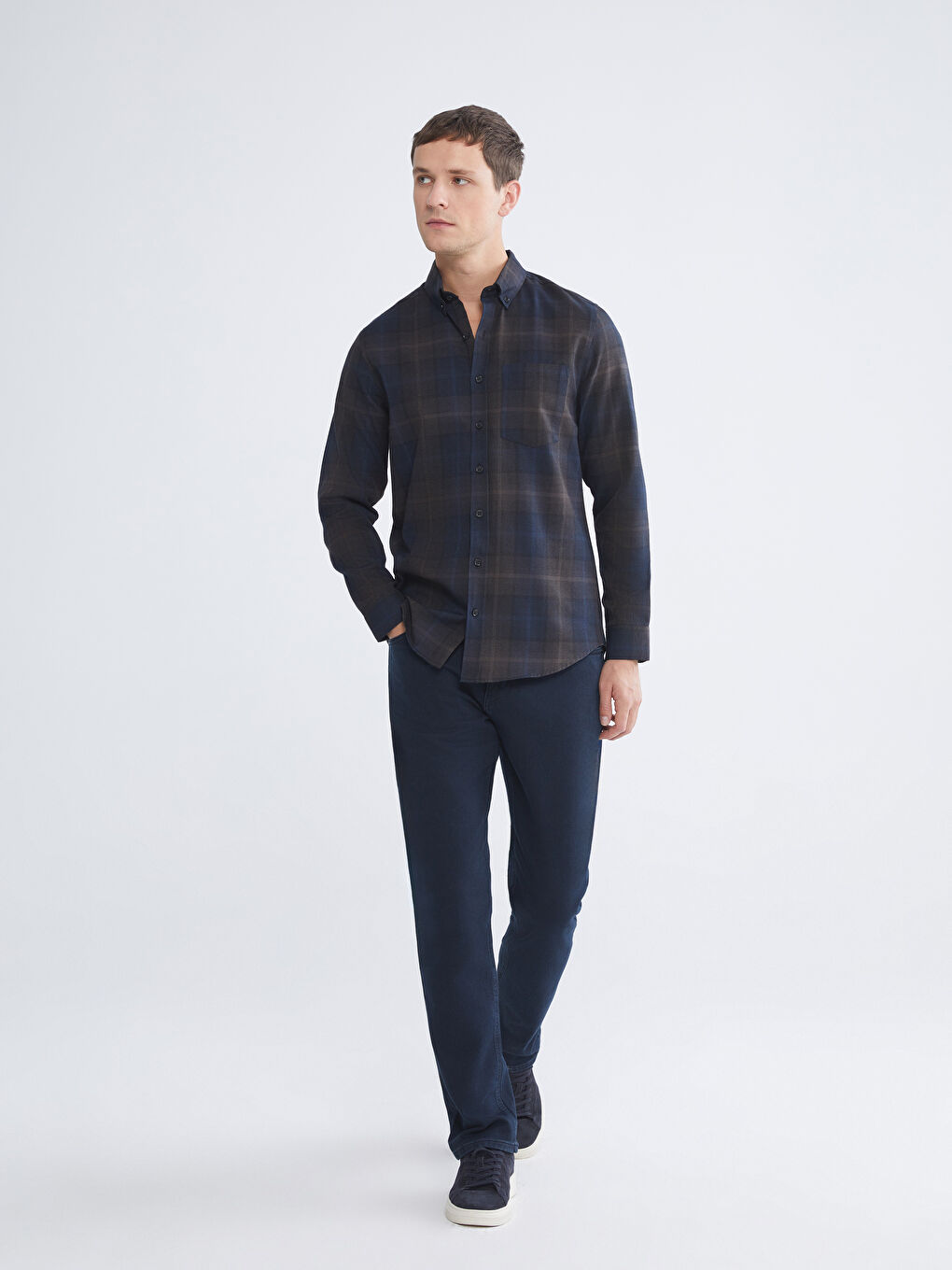 Lacivert Regular Fit Uzun Kollu Ekose Gabardin Erkek Gömlek-1