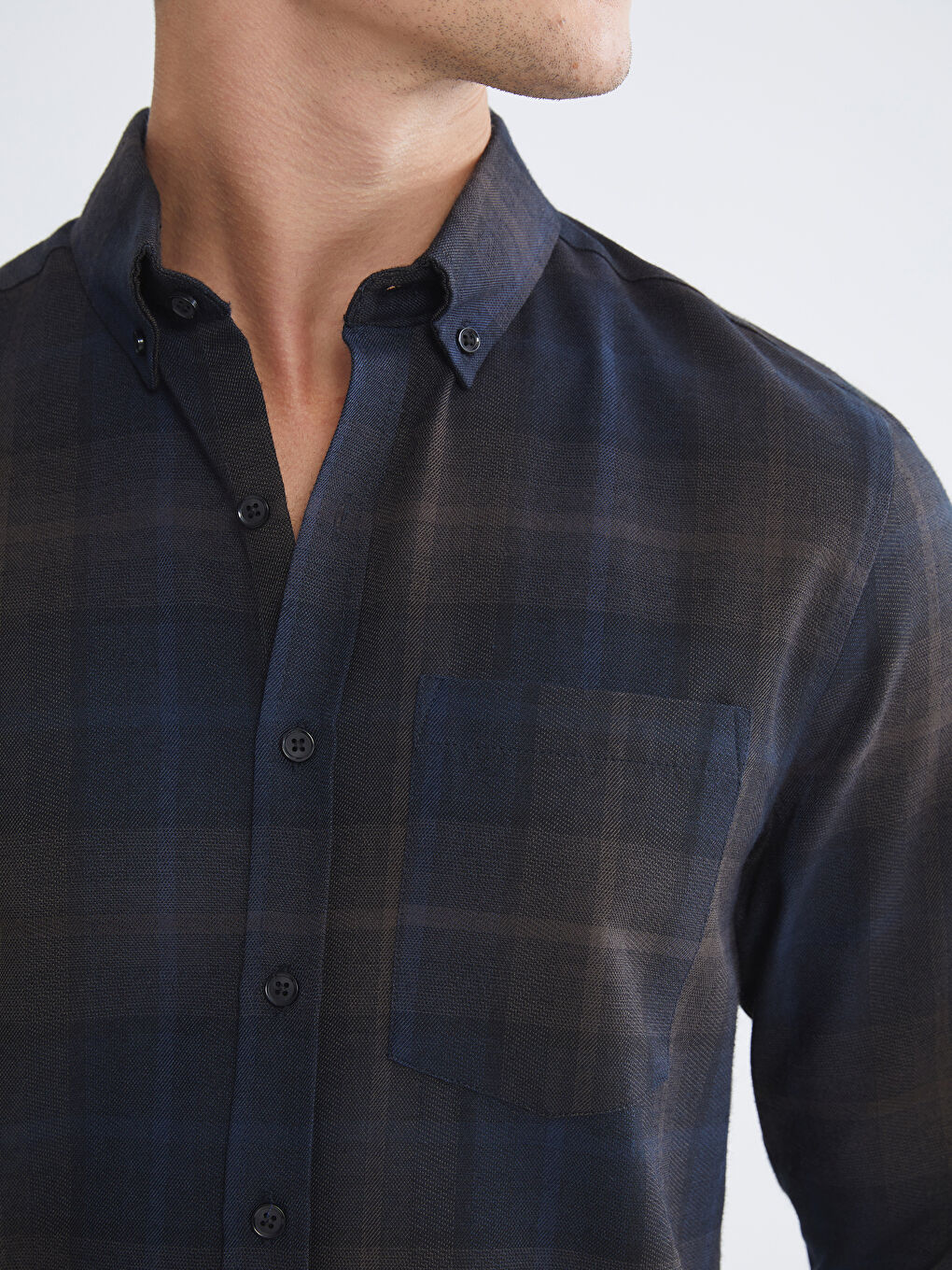 Lacivert Regular Fit Uzun Kollu Ekose Gabardin Erkek Gömlek-2