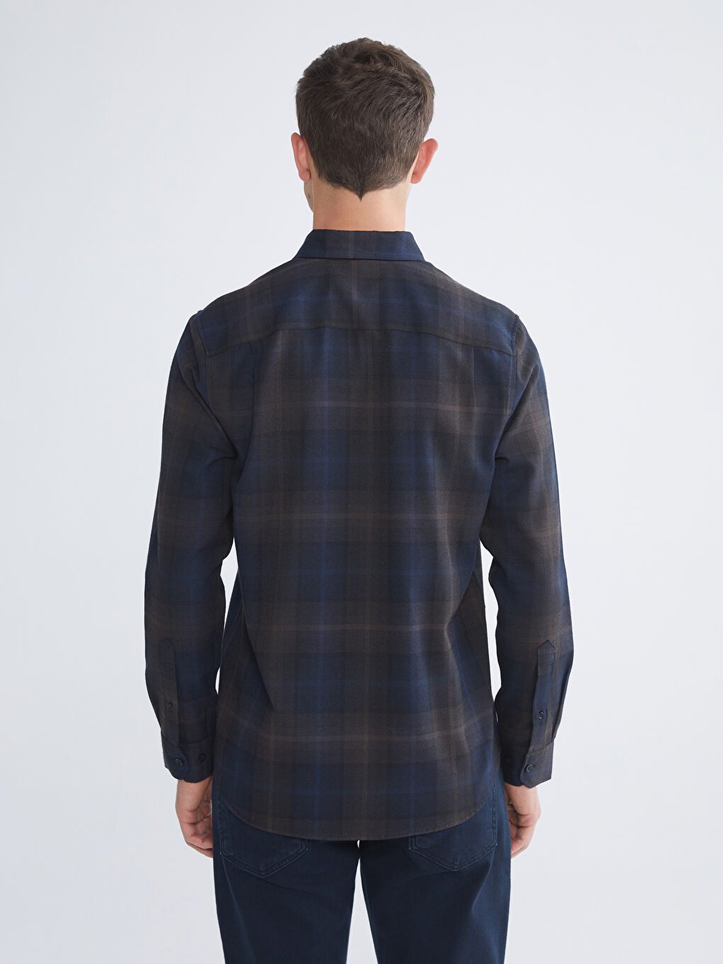 Lacivert Regular Fit Uzun Kollu Ekose Gabardin Erkek Gömlek-3