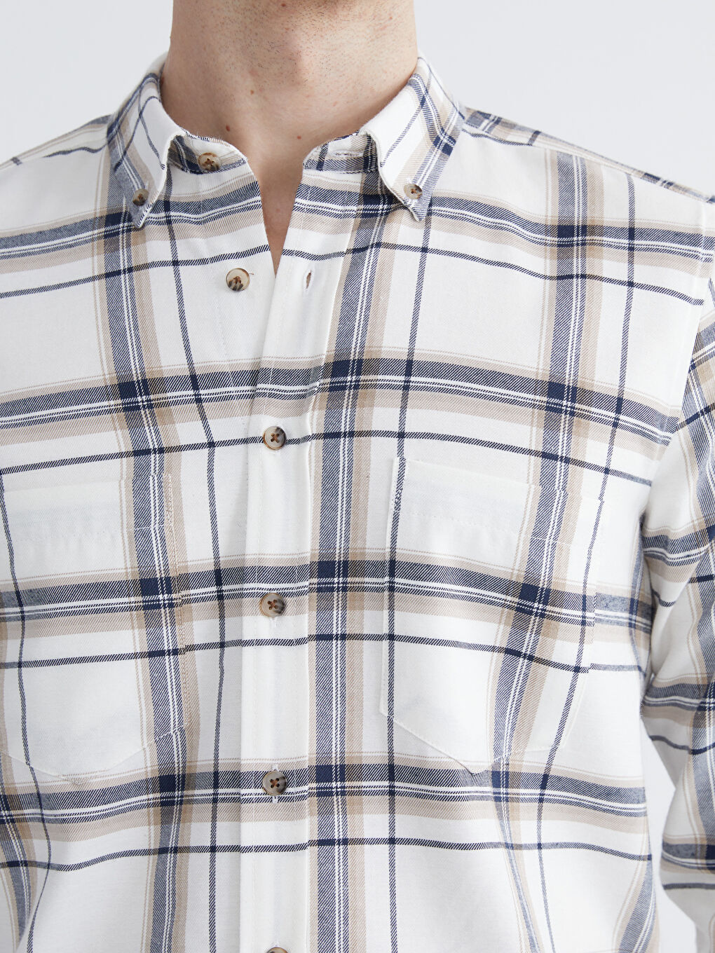 Bej Regular Fit Uzun Kollu Ekose Gabardin Erkek Gömlek-2