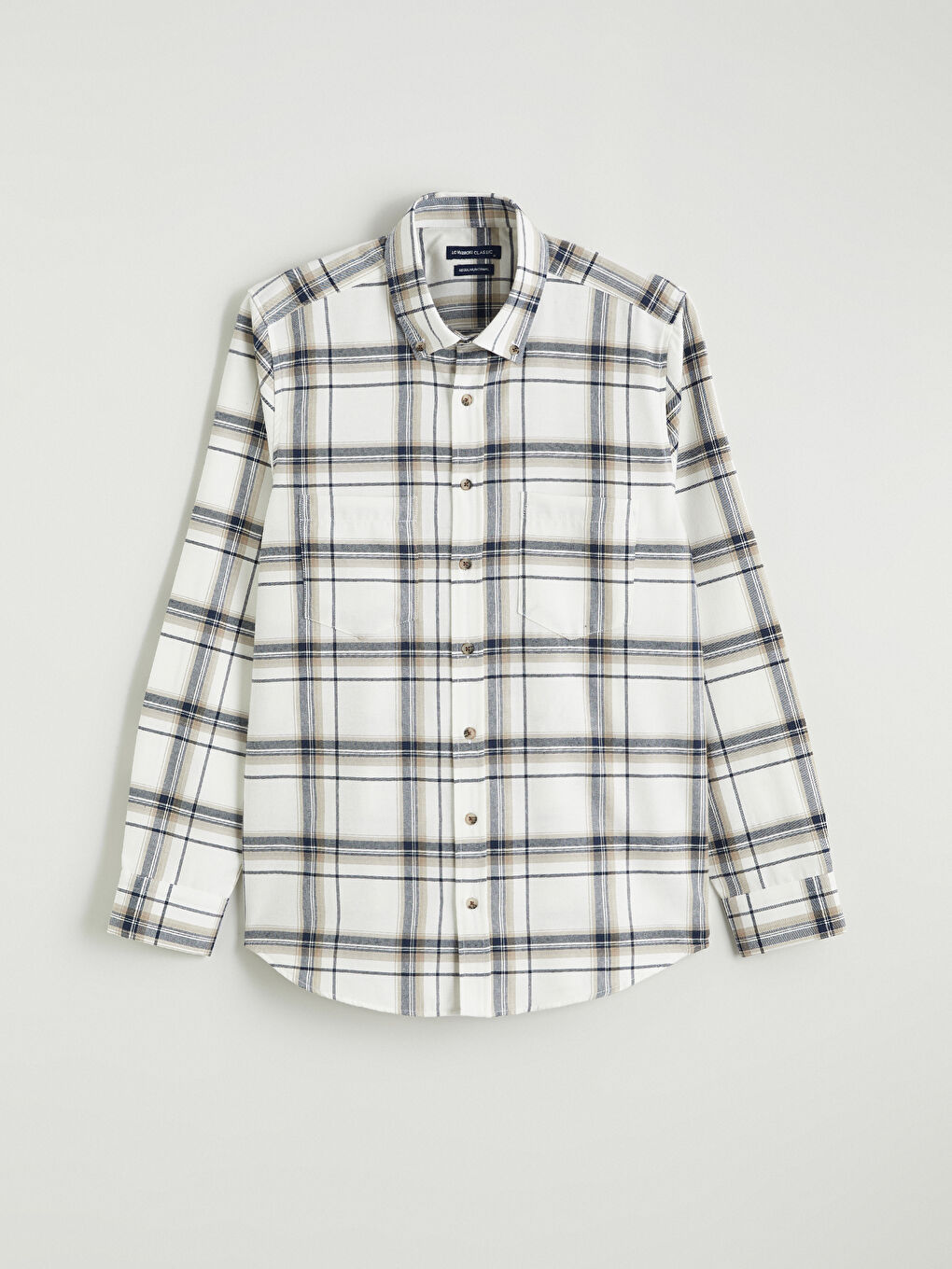 Bej Regular Fit Uzun Kollu Ekose Gabardin Erkek Gömlek-4