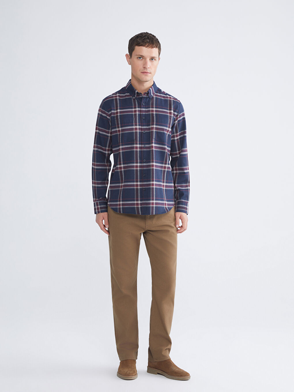 Bordo Regular Fit Uzun Kollu Ekose Gabardin Erkek Gömlek-1