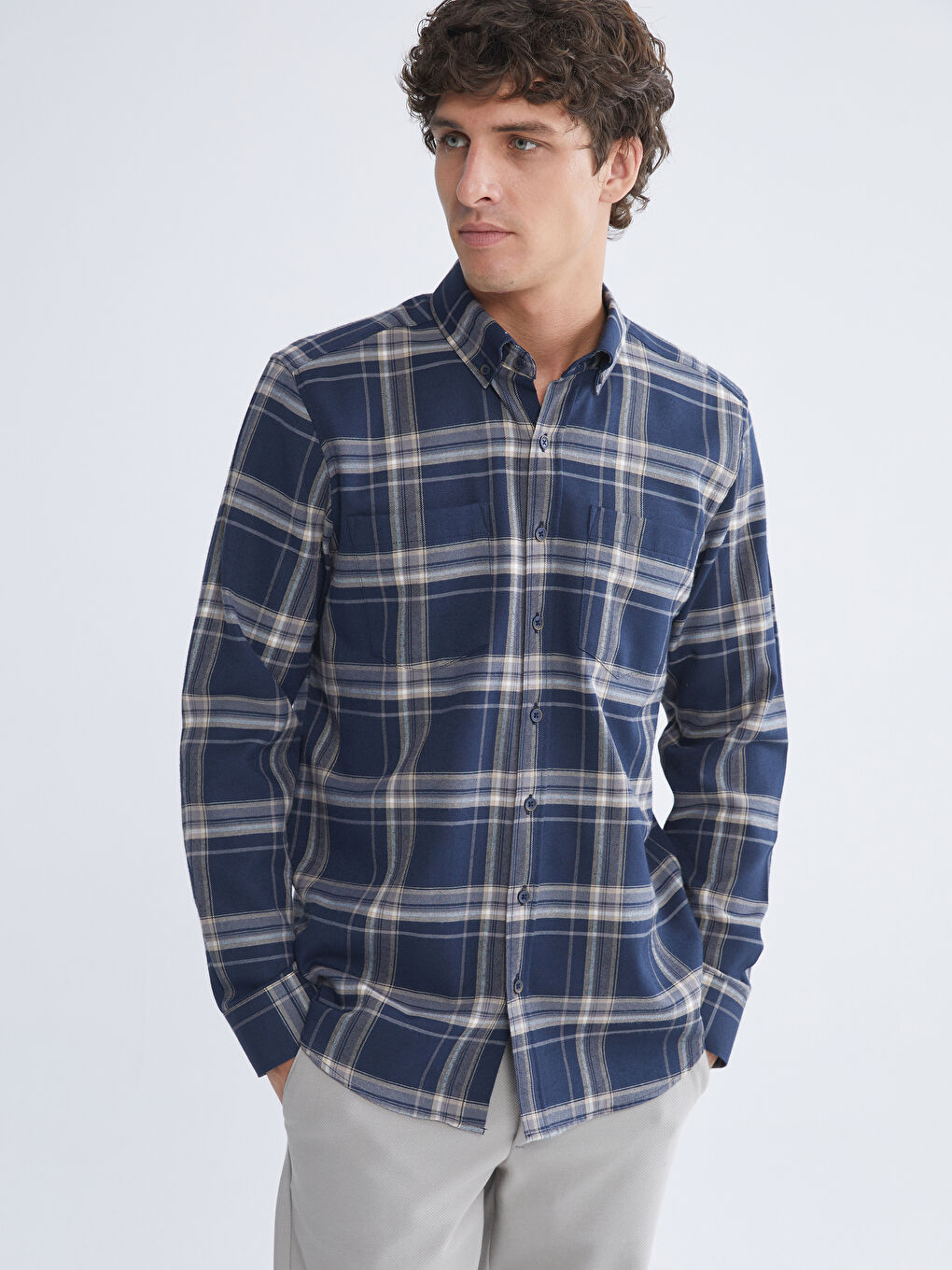 Lacivert Regular Fit Uzun Kollu Ekose Gabardin Erkek Gömlek