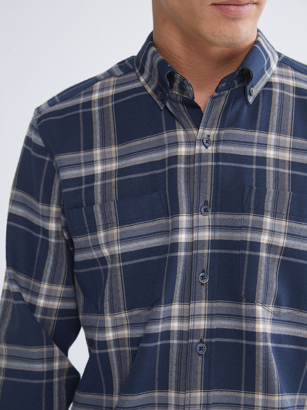 Lacivert Regular Fit Uzun Kollu Ekose Gabardin Erkek Gömlek-2