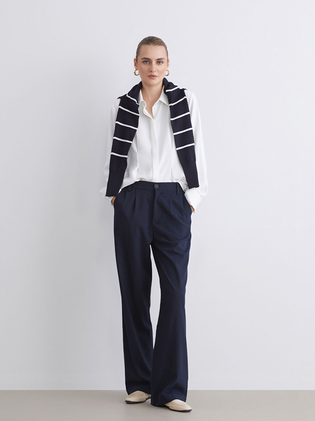 Lacivert Loose Fit Çizgili Kadın Pantolon