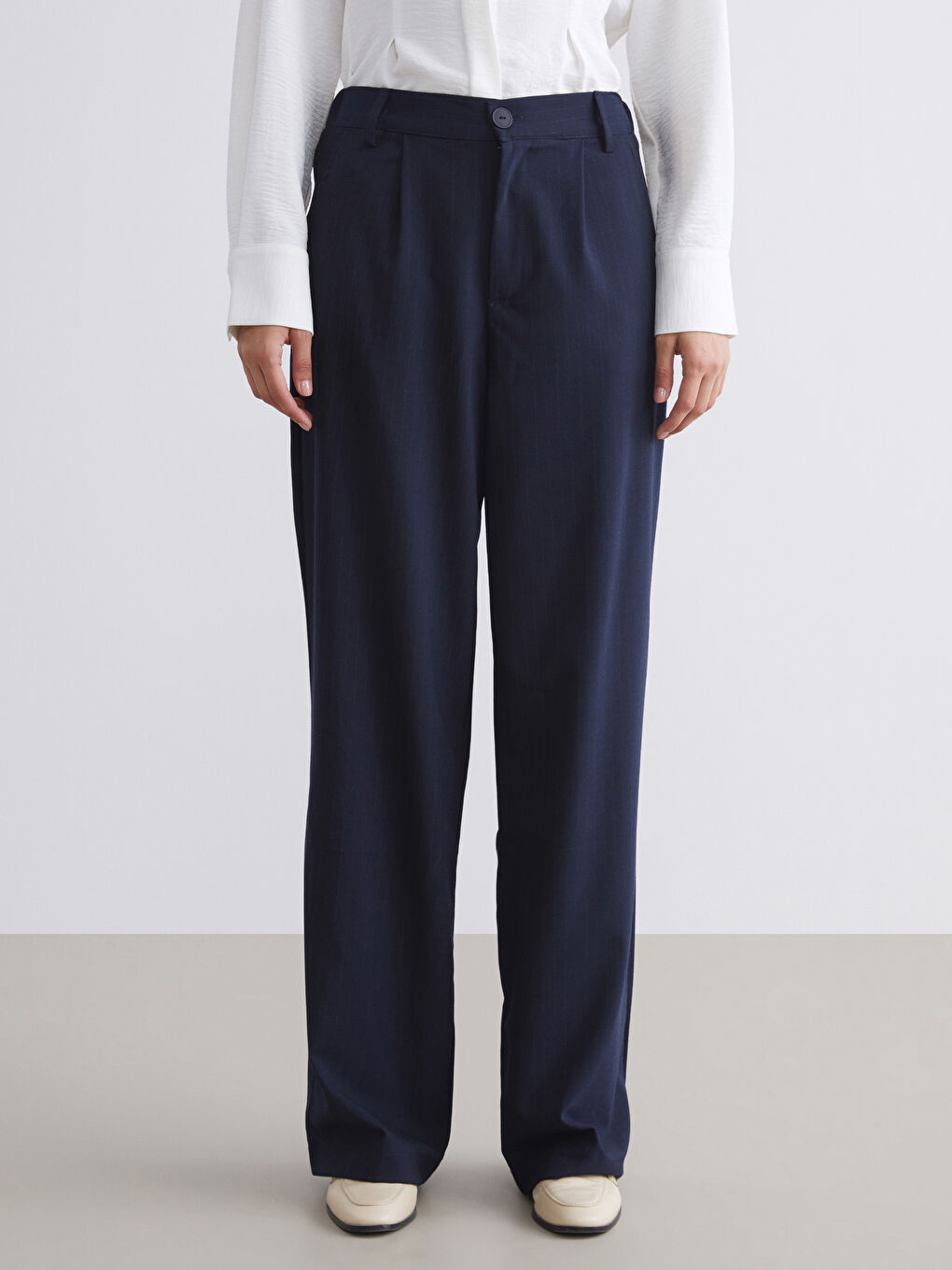 Lacivert Loose Fit Çizgili Kadın Pantolon-1