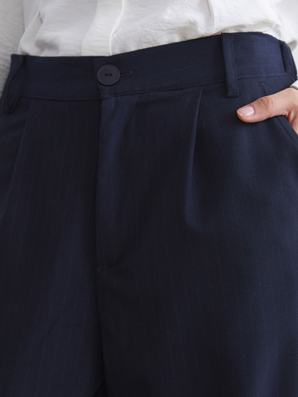 Lacivert Loose Fit Çizgili Kadın Pantolon-2