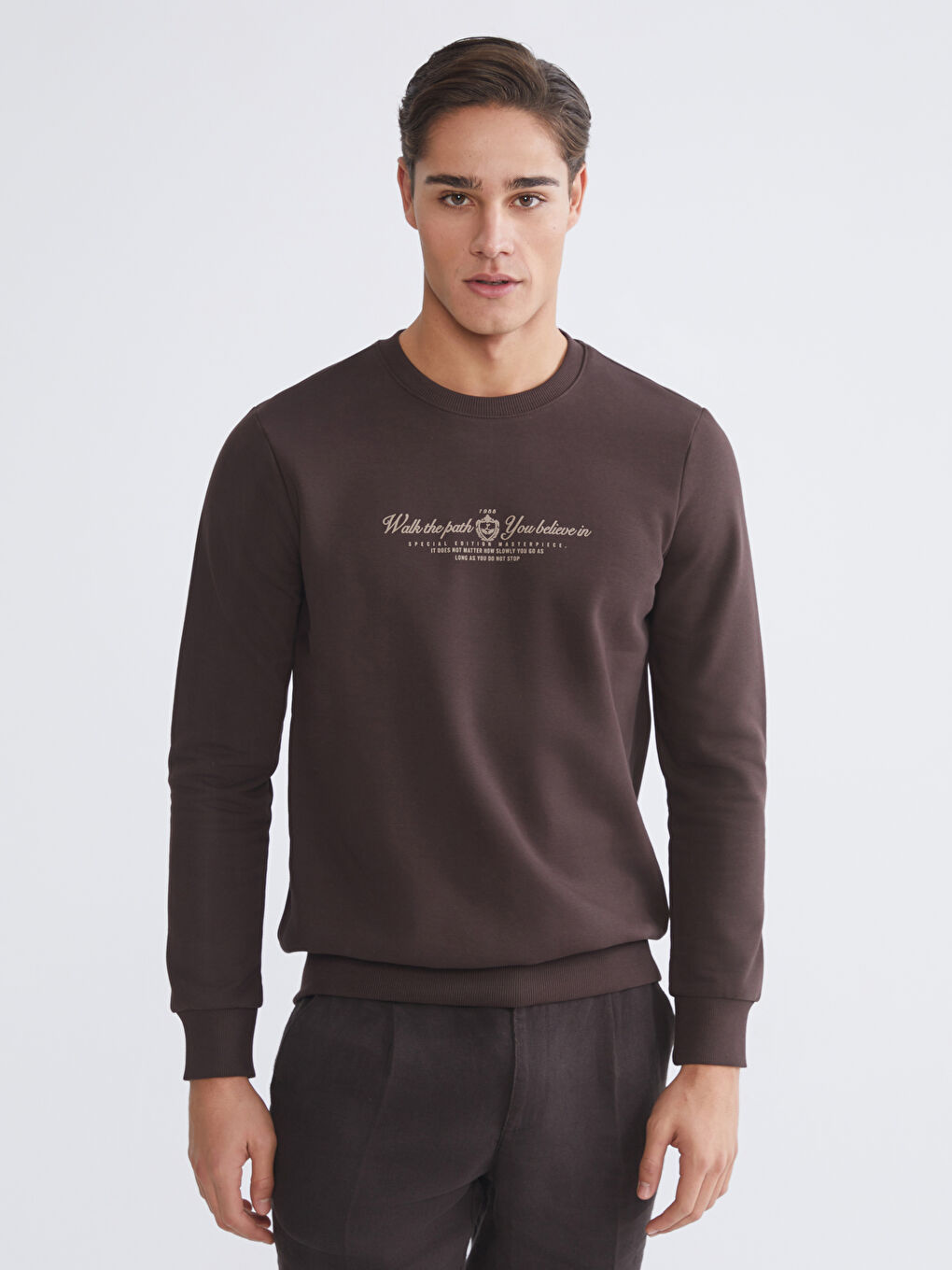 Kahverengi Standart Kalıp Bisiklet Yaka Baskılı Erkek Kalın Sweatshirt