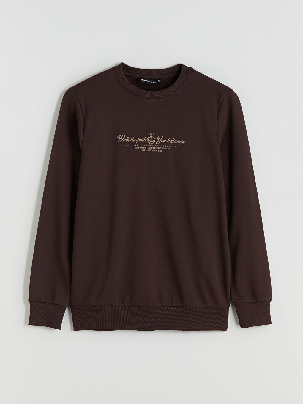 Kahverengi Standart Kalıp Bisiklet Yaka Baskılı Erkek Kalın Sweatshirt-4