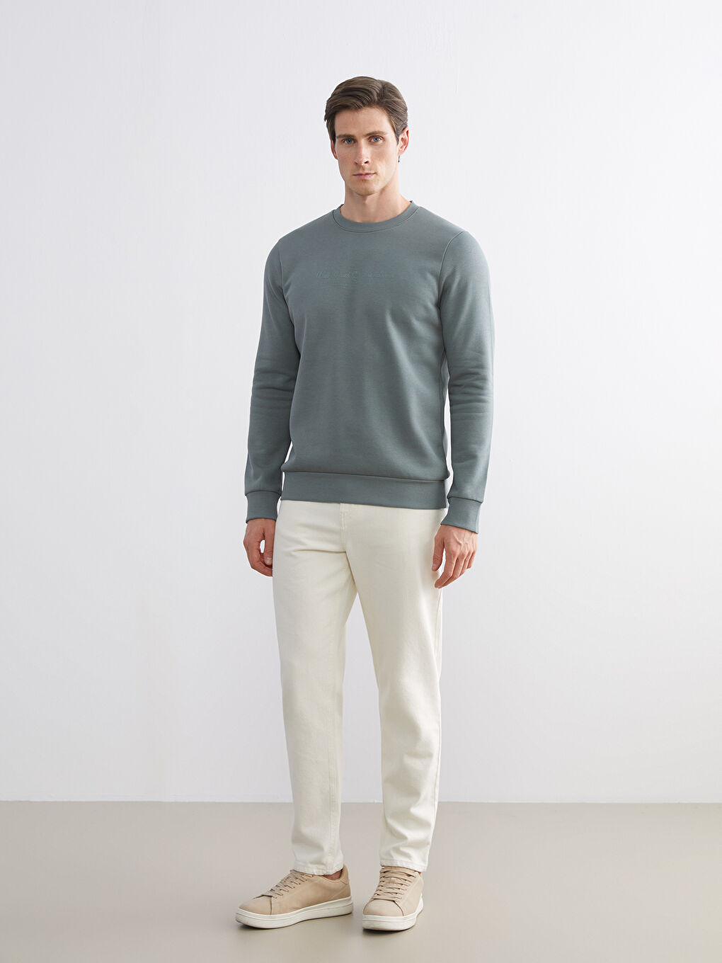 Yeşil Standart Kalıp Bisiklet Yaka Baskılı Erkek Kalın Sweatshirt-1