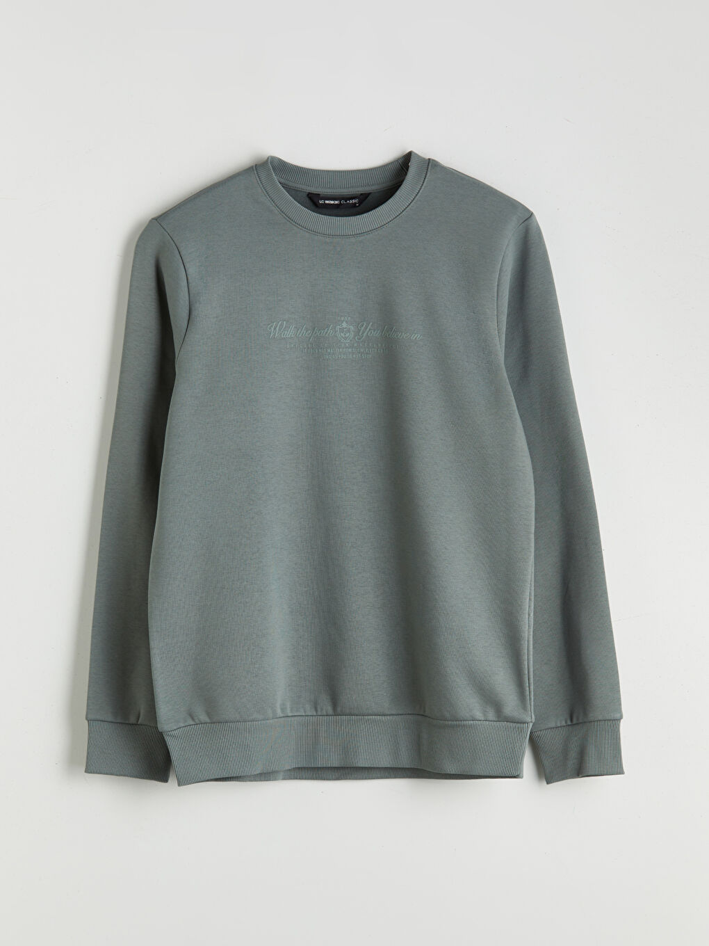 Yeşil Standart Kalıp Bisiklet Yaka Baskılı Erkek Kalın Sweatshirt-4