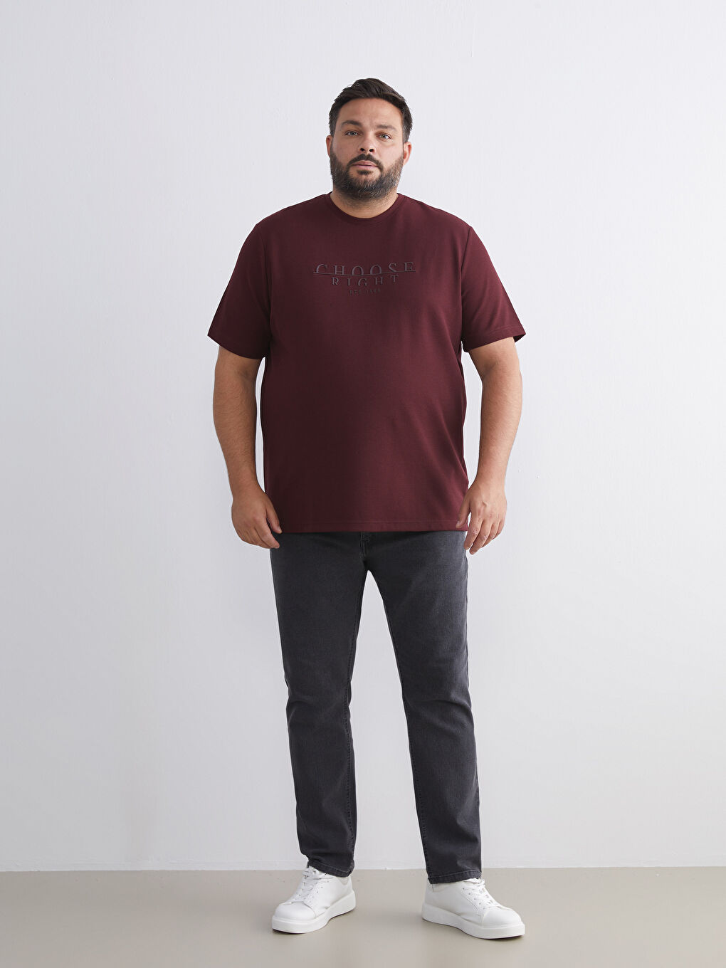 Bordo Bisiklet Yaka Baskılı Erkek Tişört-5