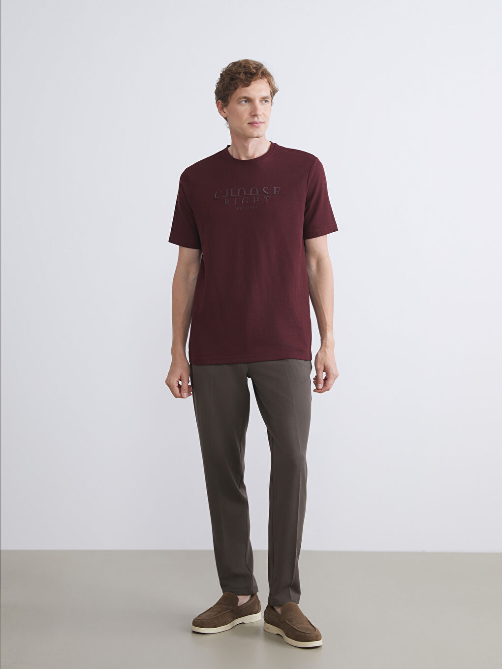 Bordo Bisiklet Yaka Baskılı Erkek Tişört-2