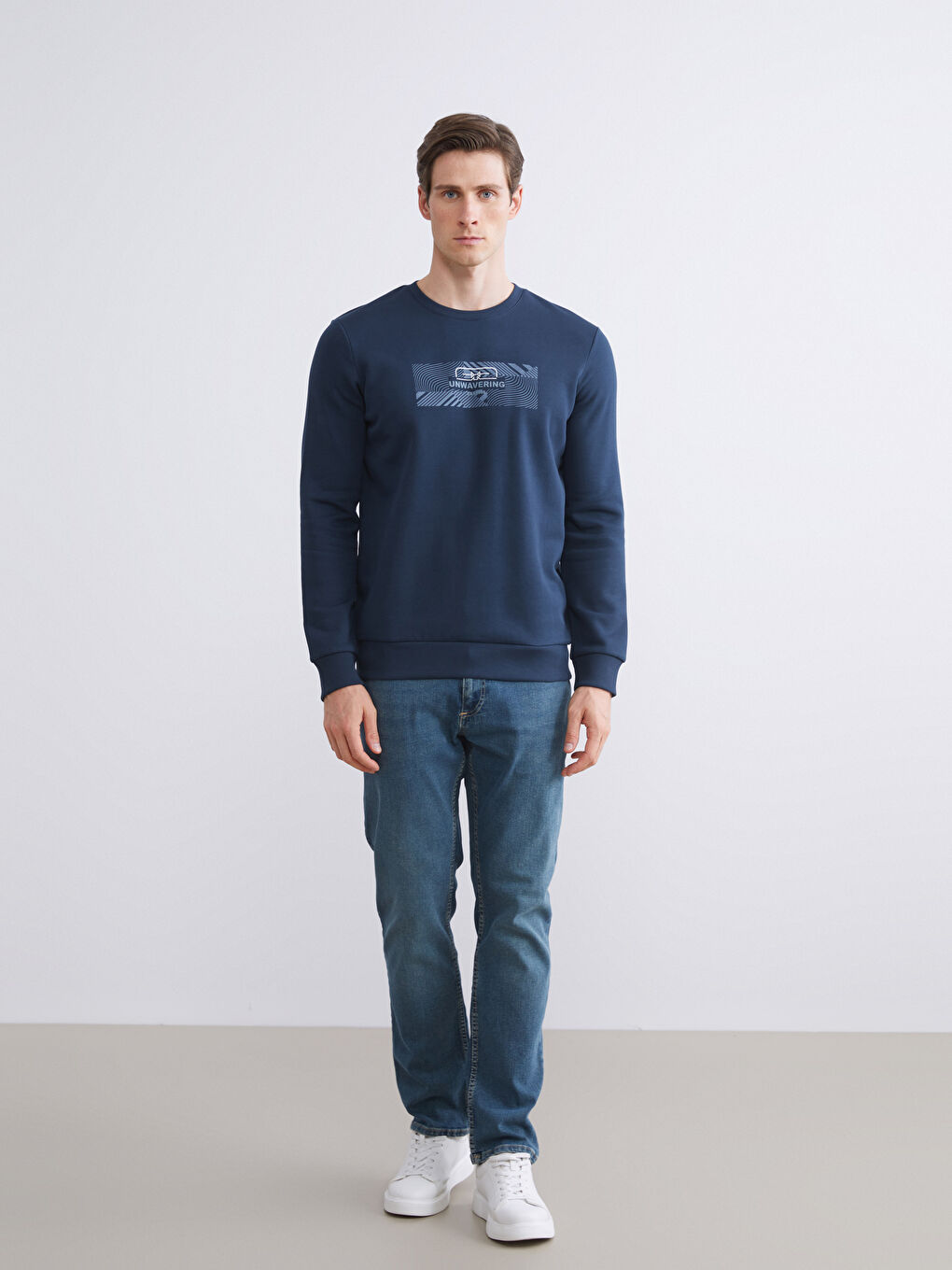 Lacivert Bisiklet Yaka Baskılı Erkek Sweatshirt-1