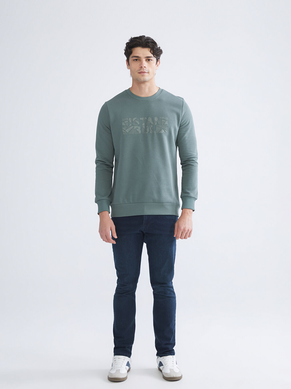 Yeşil Bisiklet Yaka Uzun Kollu Sweatshirt-1